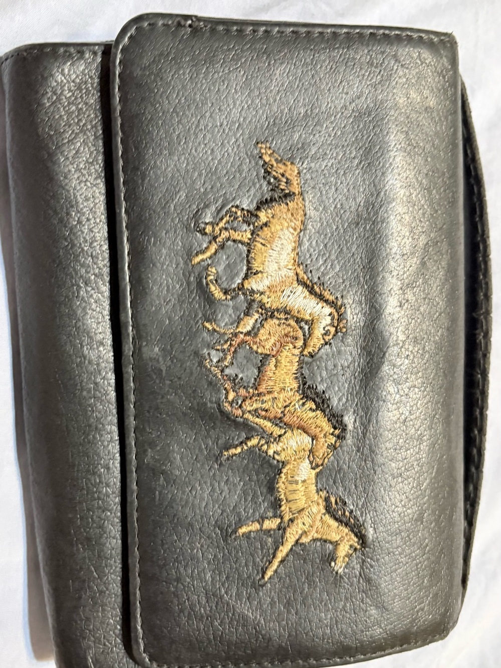 Black Leather Men’s Wallet with Embroidered Horses